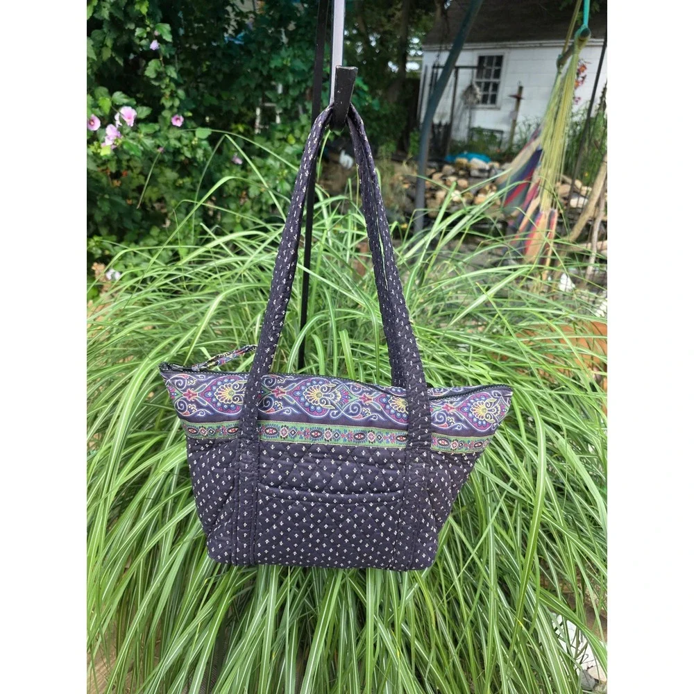 Vera Bradley Provencal Quilted Cotton Zip Top Tote Bag Navy Paisley Shoulder Bag